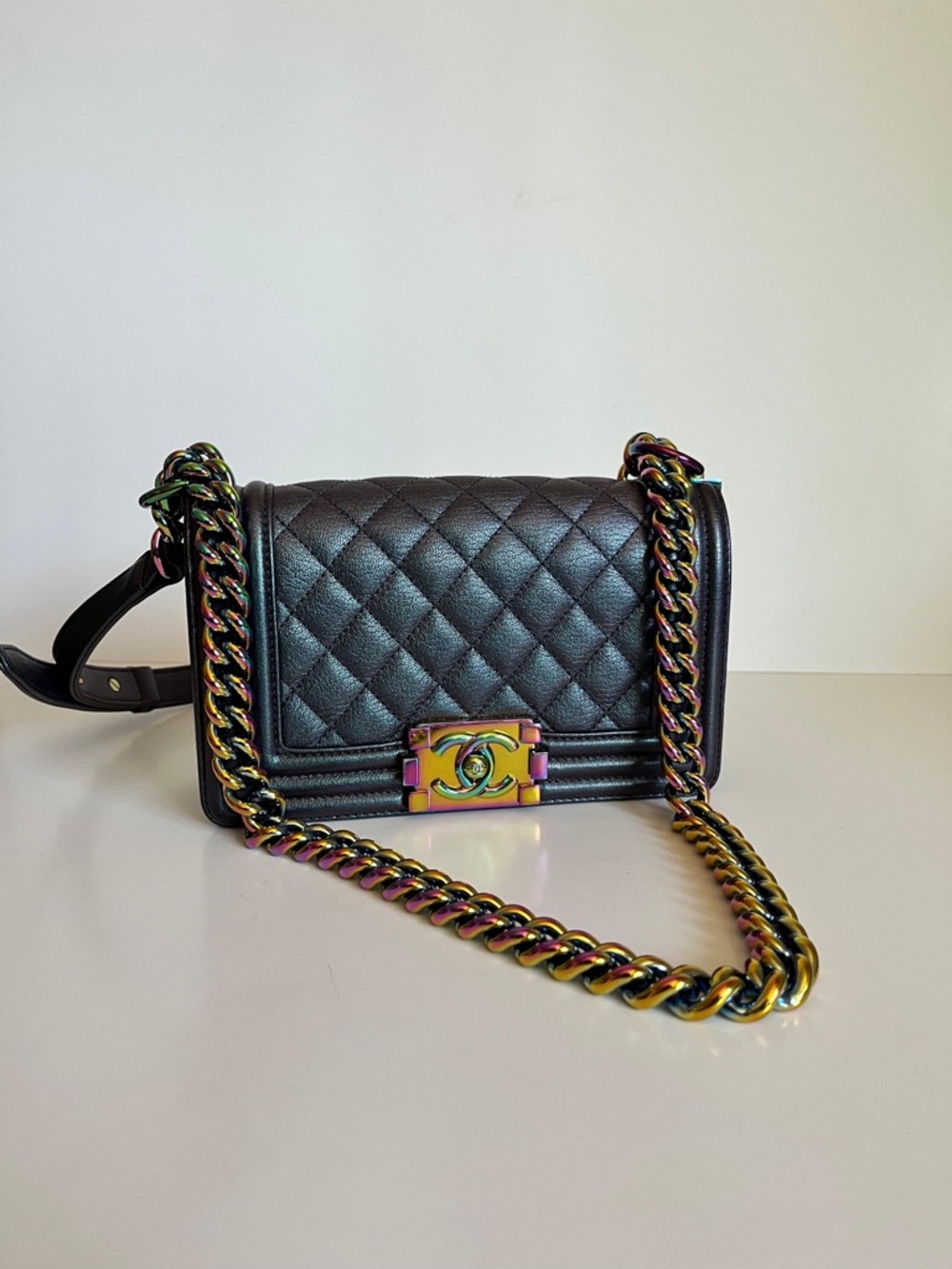 CHANEL IRIDESCENT Black Quilted Mini Boy Bag with Iridescent Chain